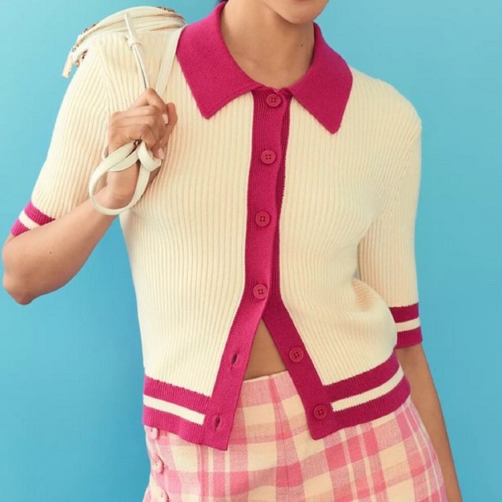 Anthropologie Pink and Cream Cardigan Polo Sweater XS